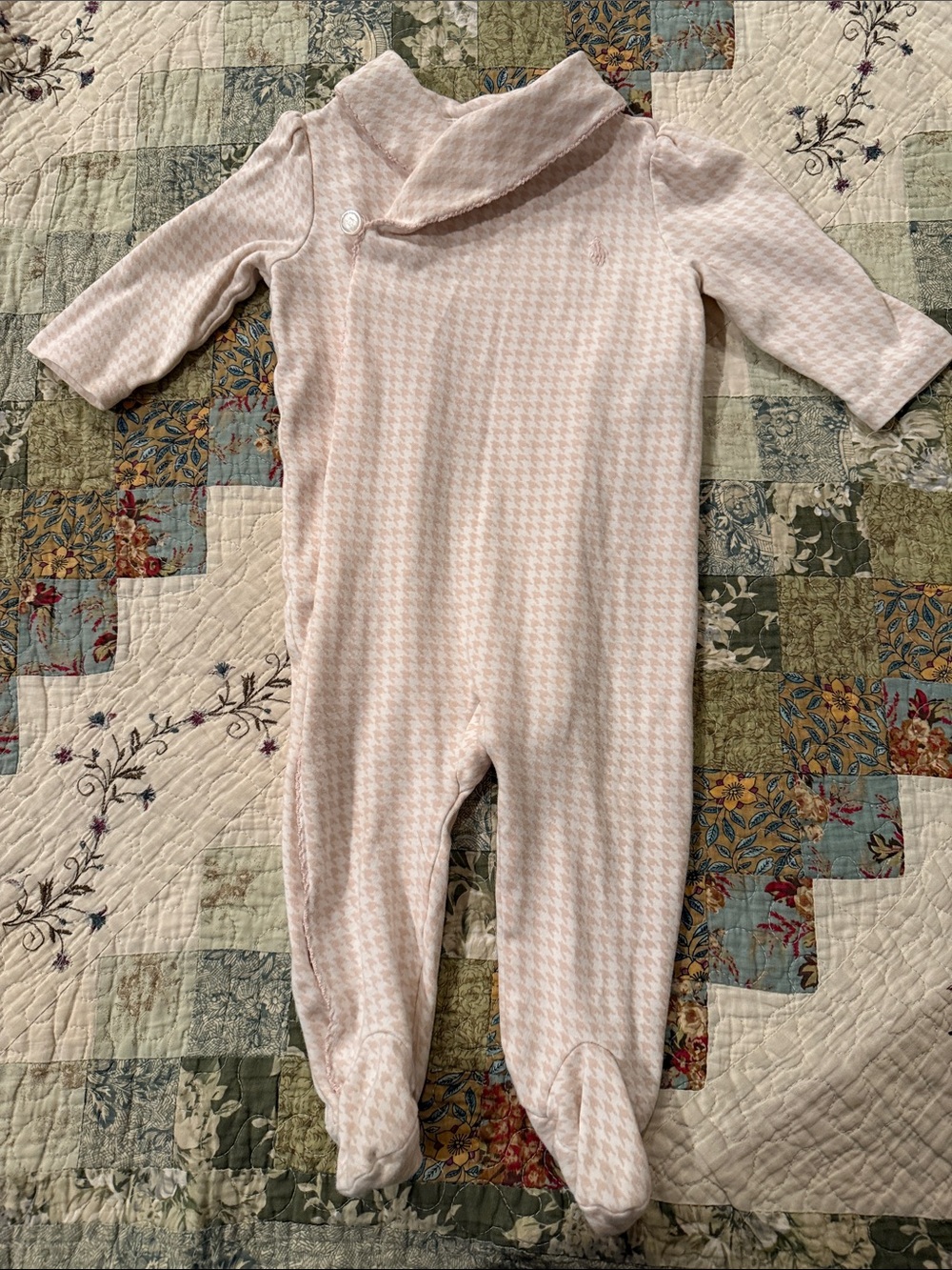 Ralph Lauren Pale Pink Houndstooth Footed Baby One-Piece